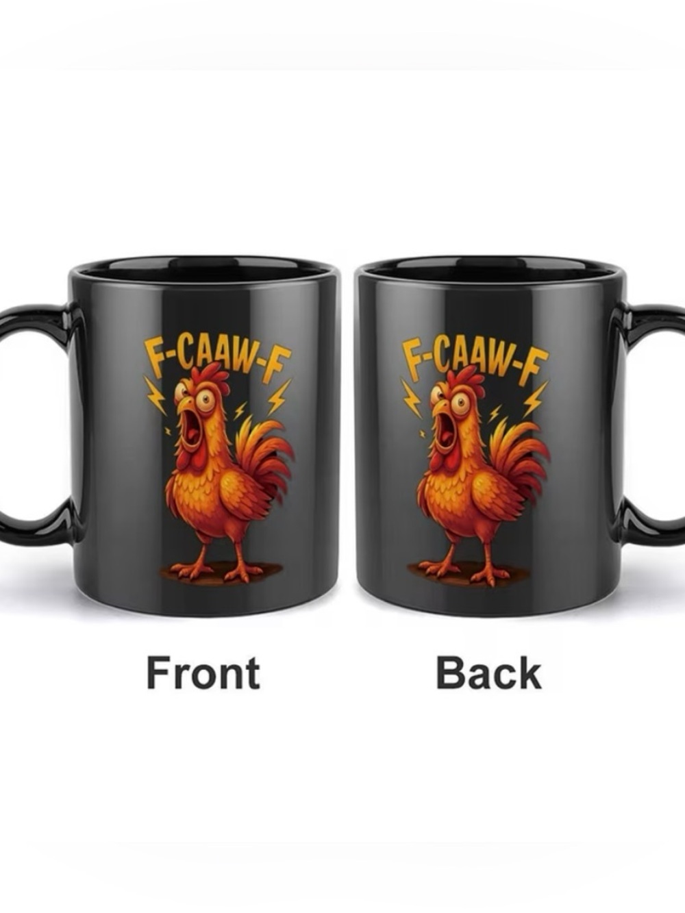 Black Mug with Loud Rooster Graphic Saying ‘F-CAAW-F' Two Sided NWT - Picture 2 of 6